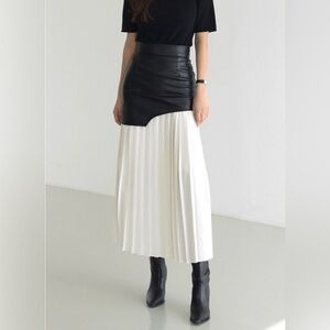 COMMENSE | NWT Asymmetric Patchwork Faux Leather Chiffon Pleated Maxi Skirt, Lg